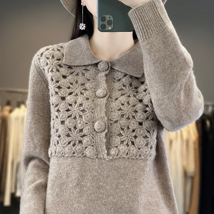 Women's knitted pullover with crocheted openwork trim and polo collar Mune Fashion