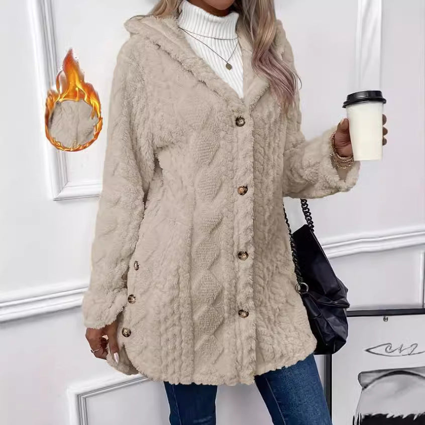 Women's hooded teddy coat with cable pattern, decorative buttons and warm fleece lining Mune Fashion