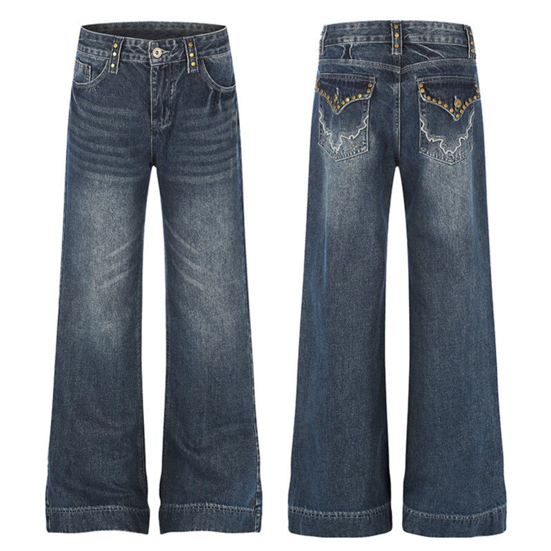 Women's Wide High-Waist Denim Palazzo Jeans with Wide Legs and Vintage Wash Mune Fashion