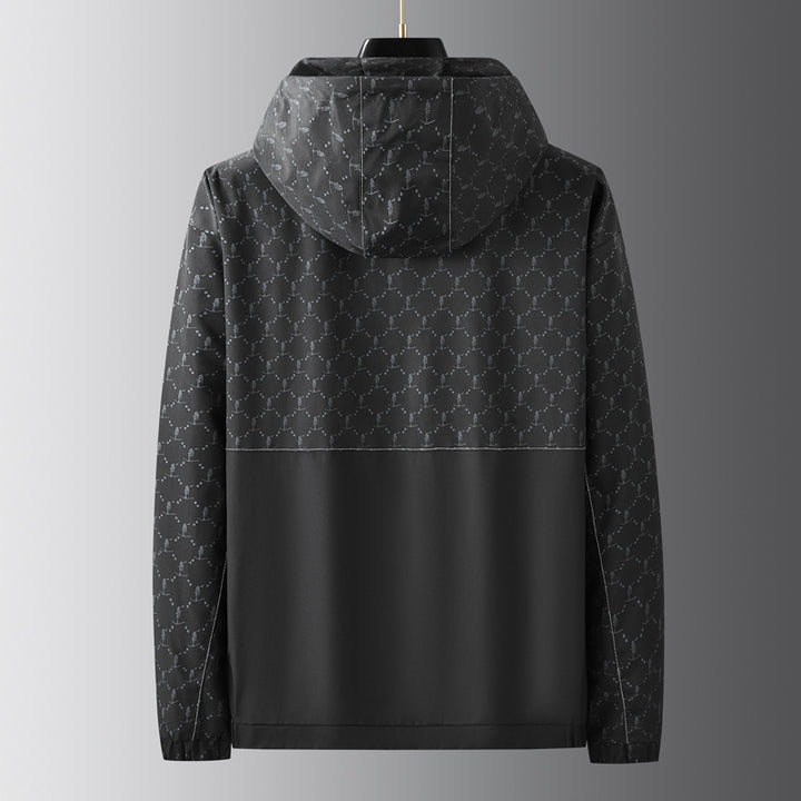 Men's Light Water-Repellent Hooded Outdoor Jacket with Allover Pattern and Large Pockets Mune Fashion