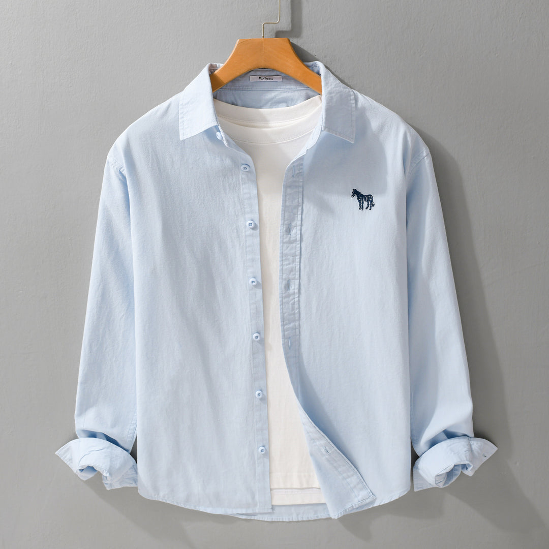 Men's Cotton Oxford Shirt Jacket in Layering Style with Subtle Zebra Embroidery and Kent Collar Mune Fashion