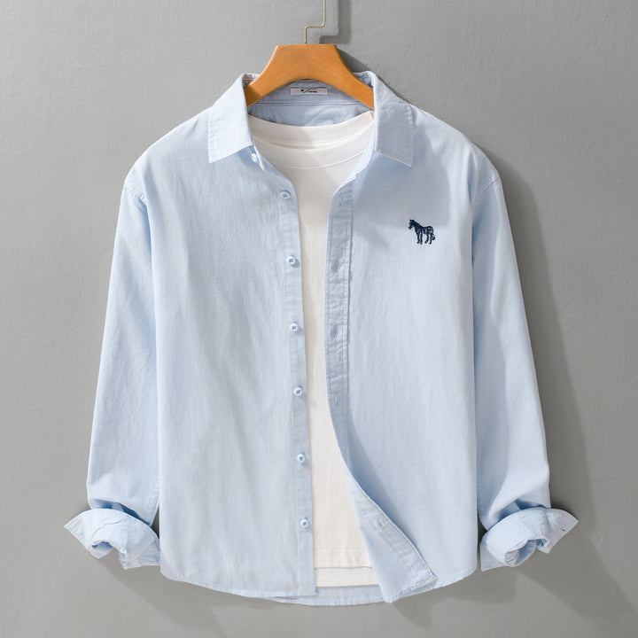 Men's Cotton Oxford Shirt Jacket in Layering Style with Subtle Zebra Embroidery and Kent Collar Mune Fashion