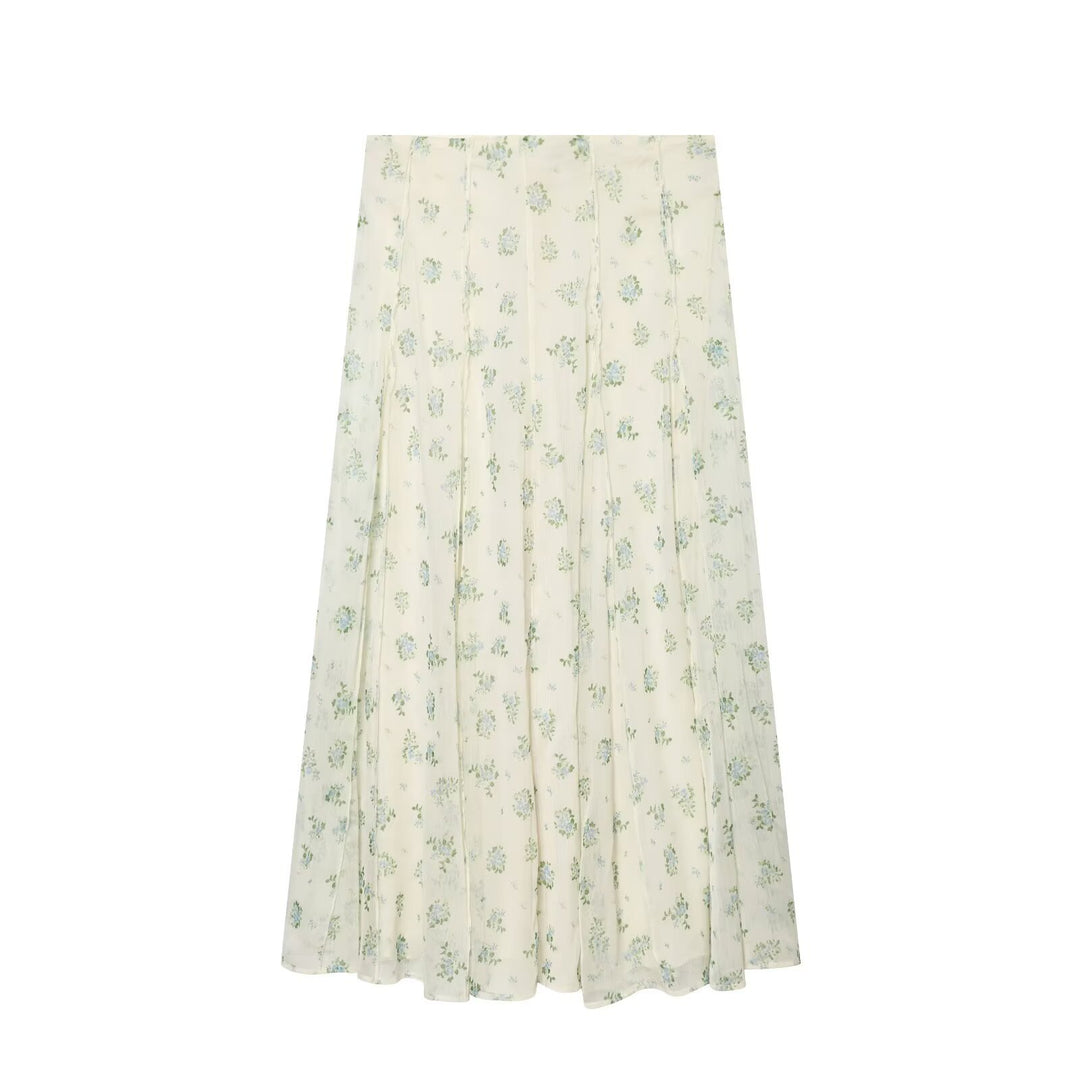 Women's Long Pleated Chiffon Skirt with Delicate Floral Print and High Waist Mune Fashion