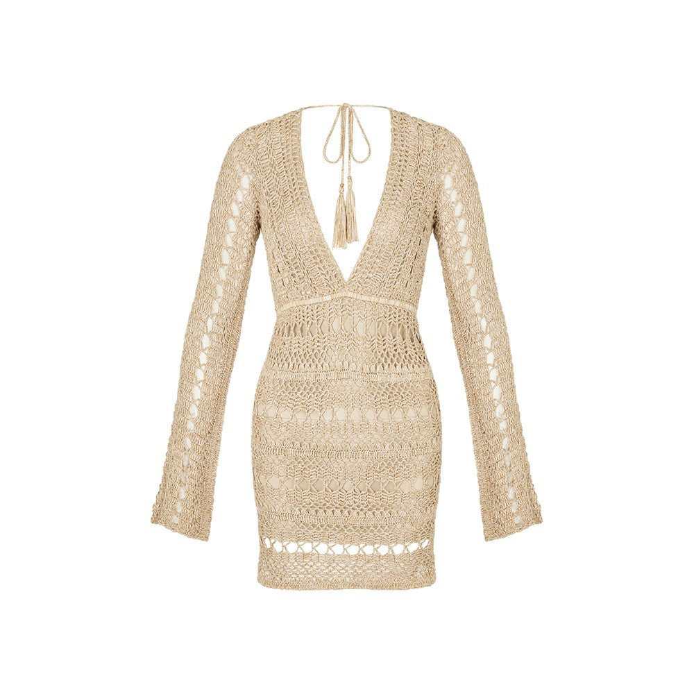 Women's crocheted beach dress with deep V-neck and long sleeves Mune Fashion