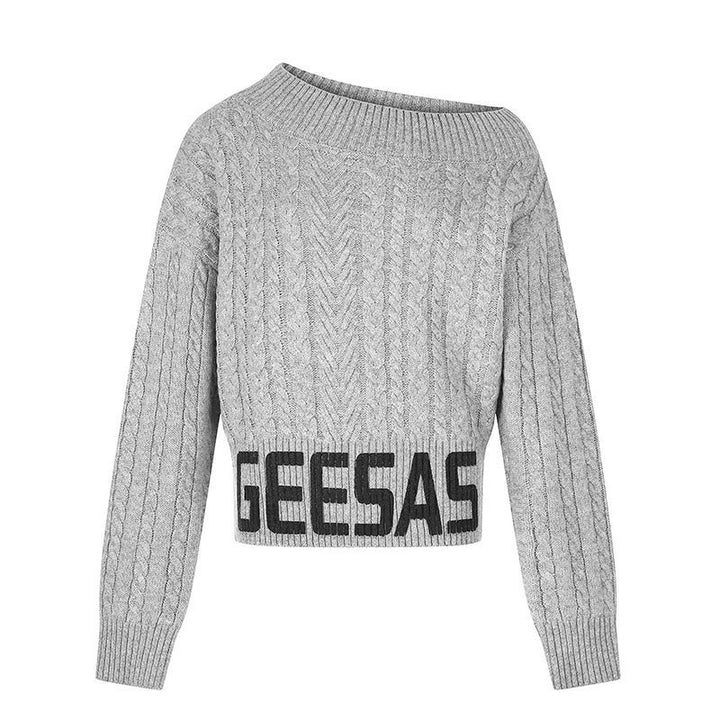 Women's short braid knit sweater with wide boat neckline and distinctive logo waistband Mune Fashion