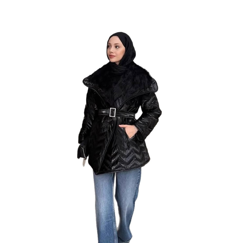 Ladies Shiny Padded Jacket with Waist Belt and Voluminous Faux Fur Collar Mune Fashion