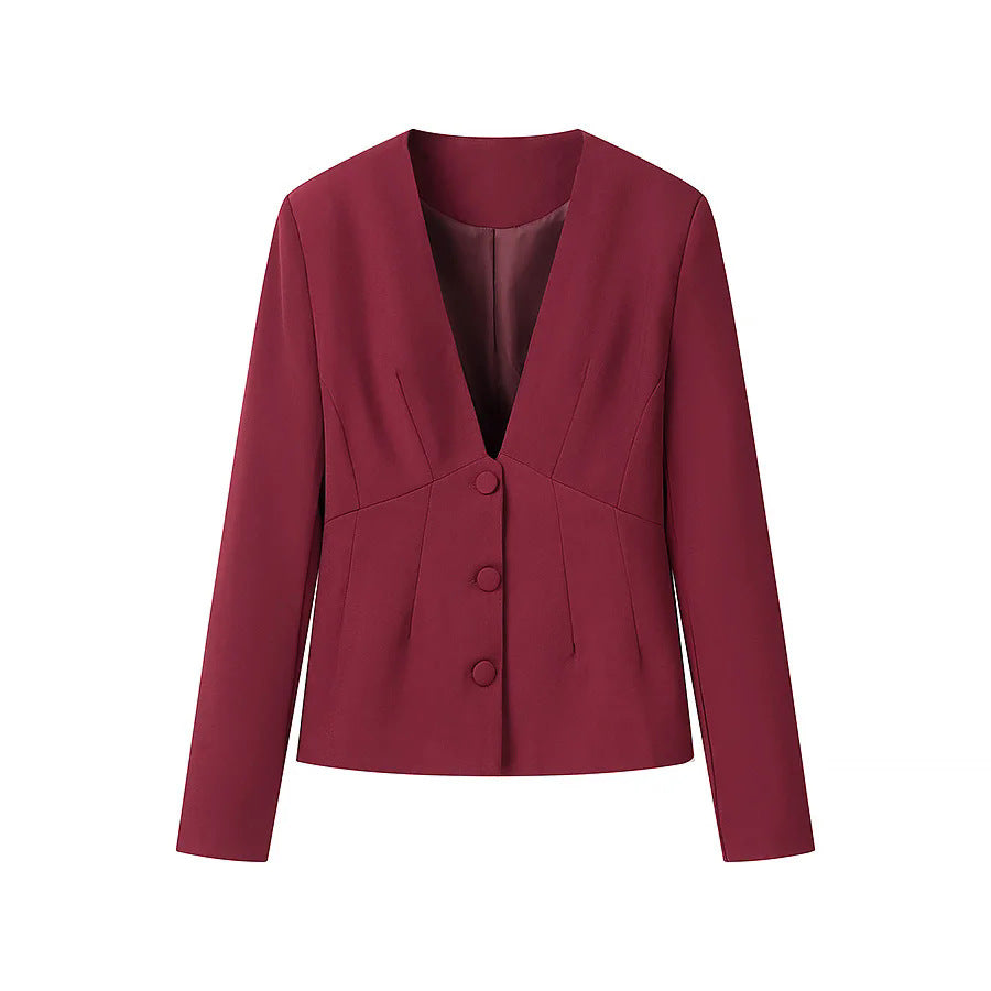 Women's tailored blazer with deep V-neck, decorative Italian seams, and covered buttons Mune Fashion
