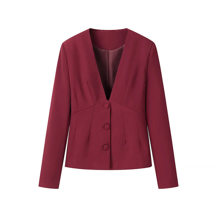Women's tailored blazer with deep V-neck, decorative Italian seams, and covered buttons Mune Fashion