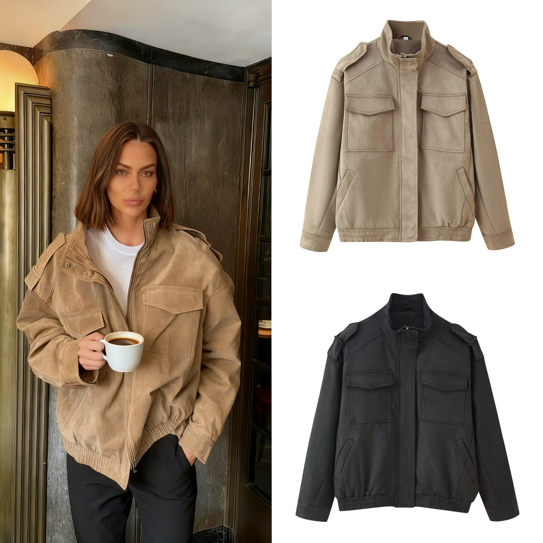 Ladies Utility Bomber Jacket with Epaulettes, Stand-Up Collar and Patch Pockets Mune Fashion