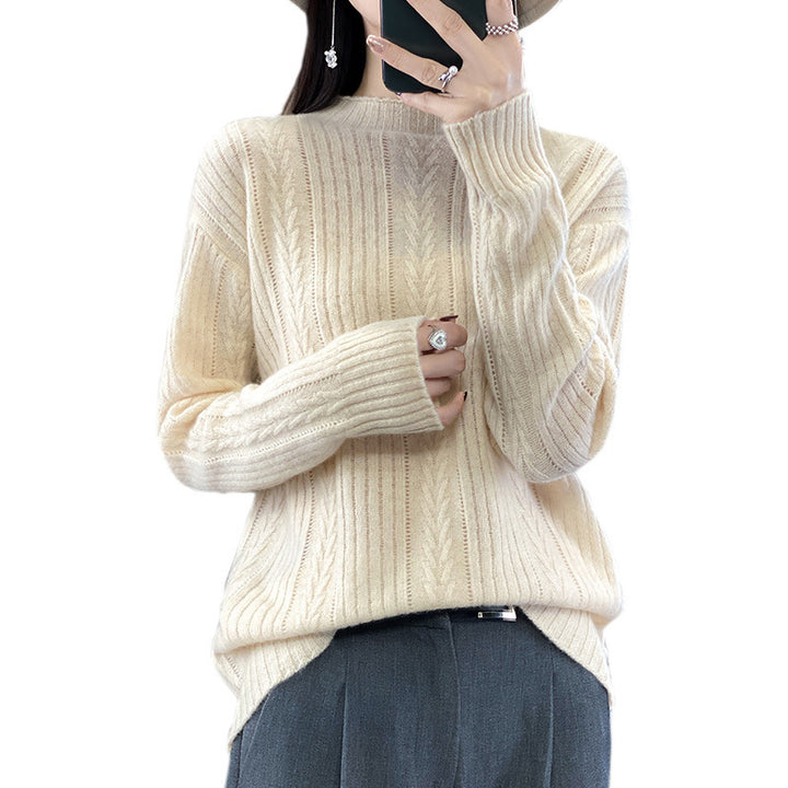 Women Cashmere-like Fine Knit Mock Neck Sweater with Lace Cable Pattern and Casual Oversized Fit Mune Fashion
