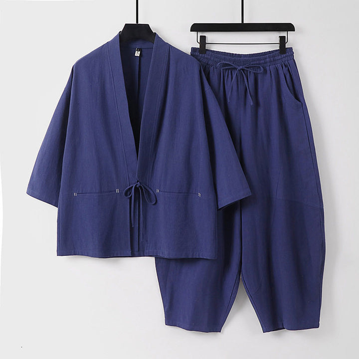 Unisex Modern Kimono Lounge Set made of soft cotton blend with short jacket, drawstring pants and ruffled ankles Mune Fashion