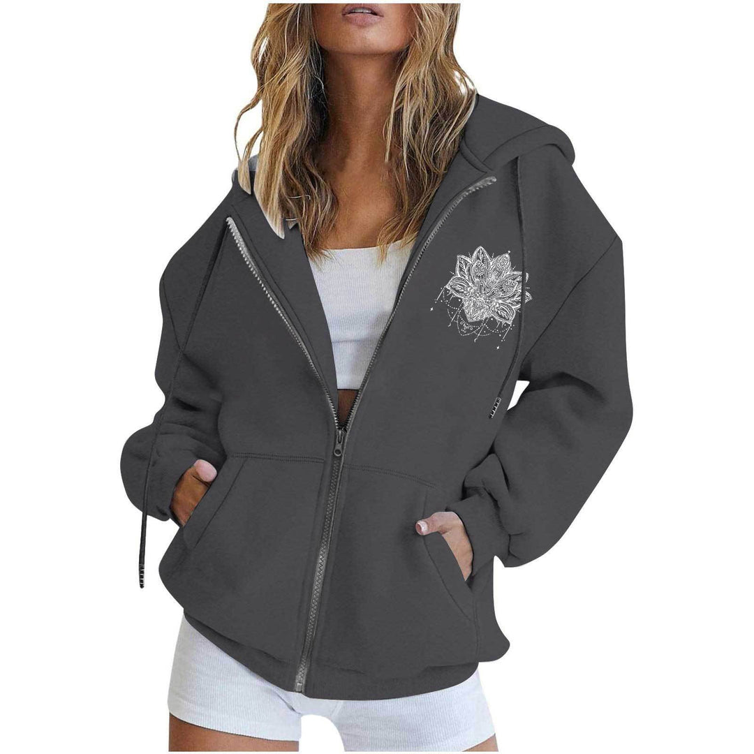 Women oversized hoodie jacket with front zipper, kangaroo pockets and stylized sunflower print Mune Fashion