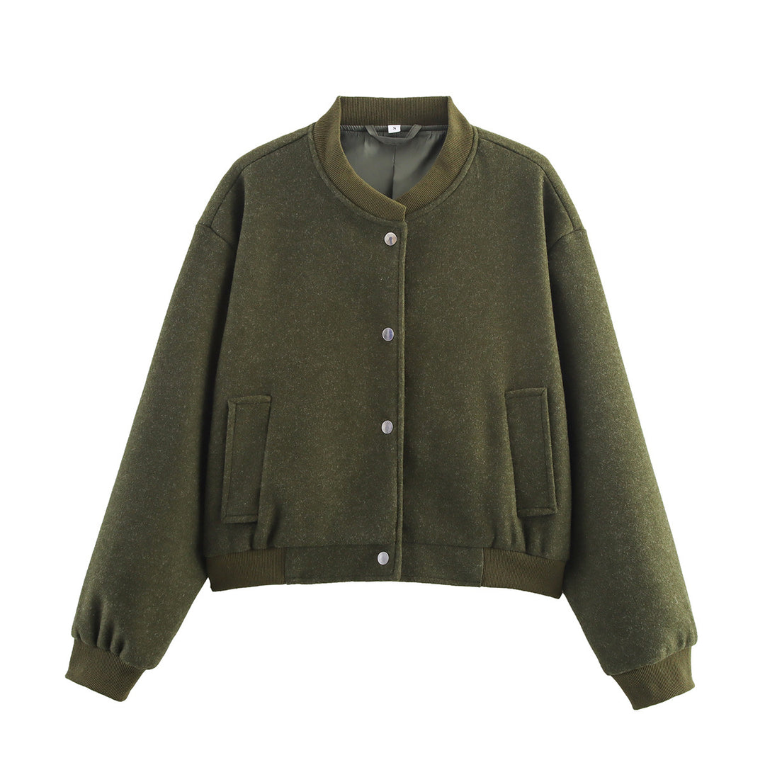 Women's boxy college bomber jacket made of a wool blend with quilted lining, snap buttons, and ribbed hem Mune Fashion