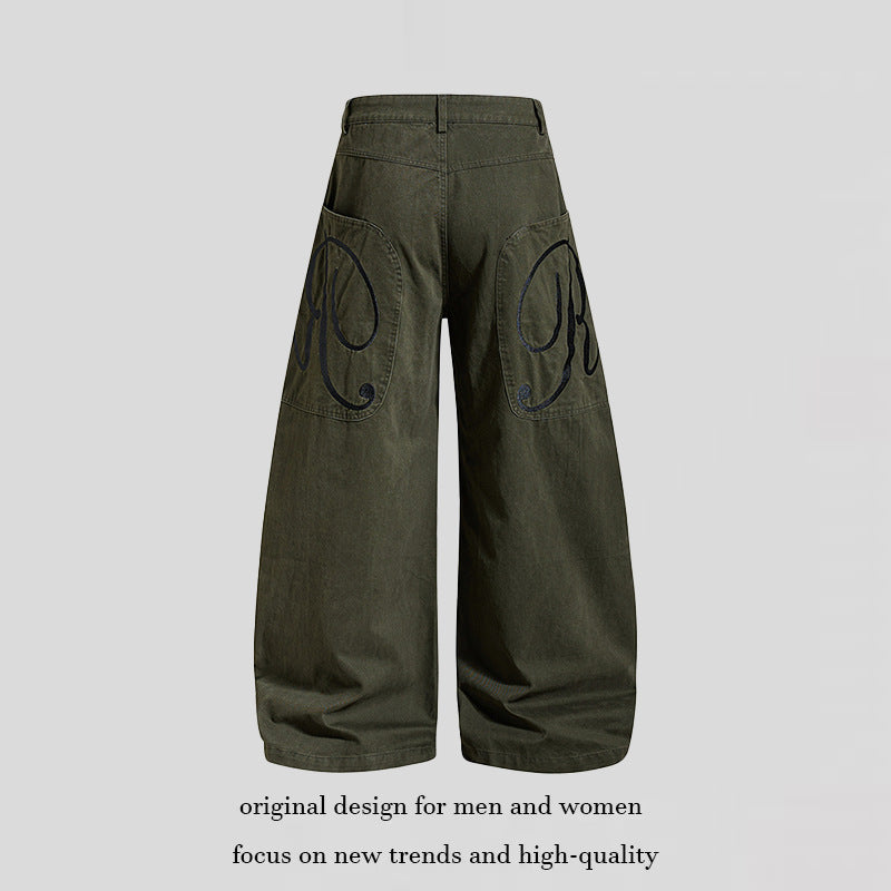Women's Wide Denim Palazzo Pants with Balloon Hem and Attached Logo Pockets Mune Fashion