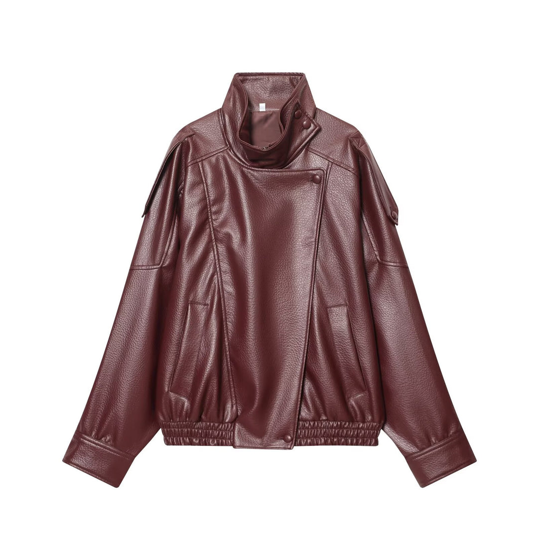 Women's faux leather bomber jacket with high stand collar, asymmetrical snap placket, and elastic hem Mune Fashion