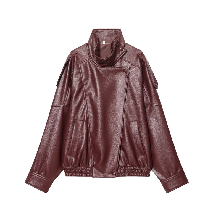 Women's faux leather bomber jacket with high stand collar, asymmetrical snap placket, and elastic hem Mune Fashion