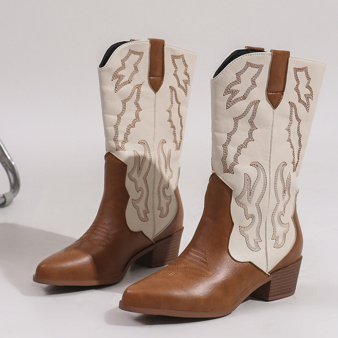 Women's cowgirl boots in western style with mid-high block heel, pointed toe cap, and decorative embroidery Mune Fashion