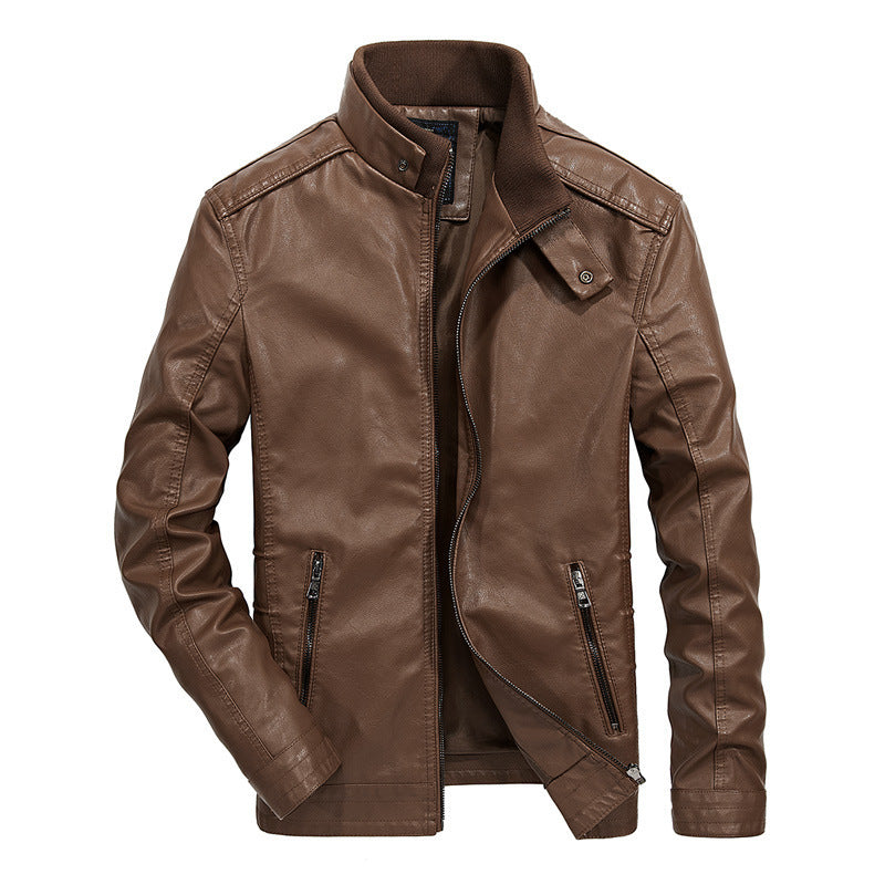 Men's faux leather motorcycle jacket in slim fit with high closing stand-up collar and diagonal chest zipper Mune Fashion