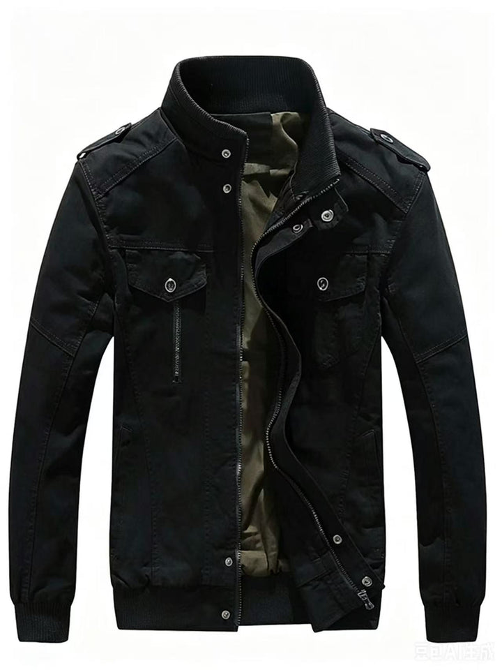 Men's Military-Inspired Canvas Transition Jacket with Stand Collar and Epaulettes Mune Fashion