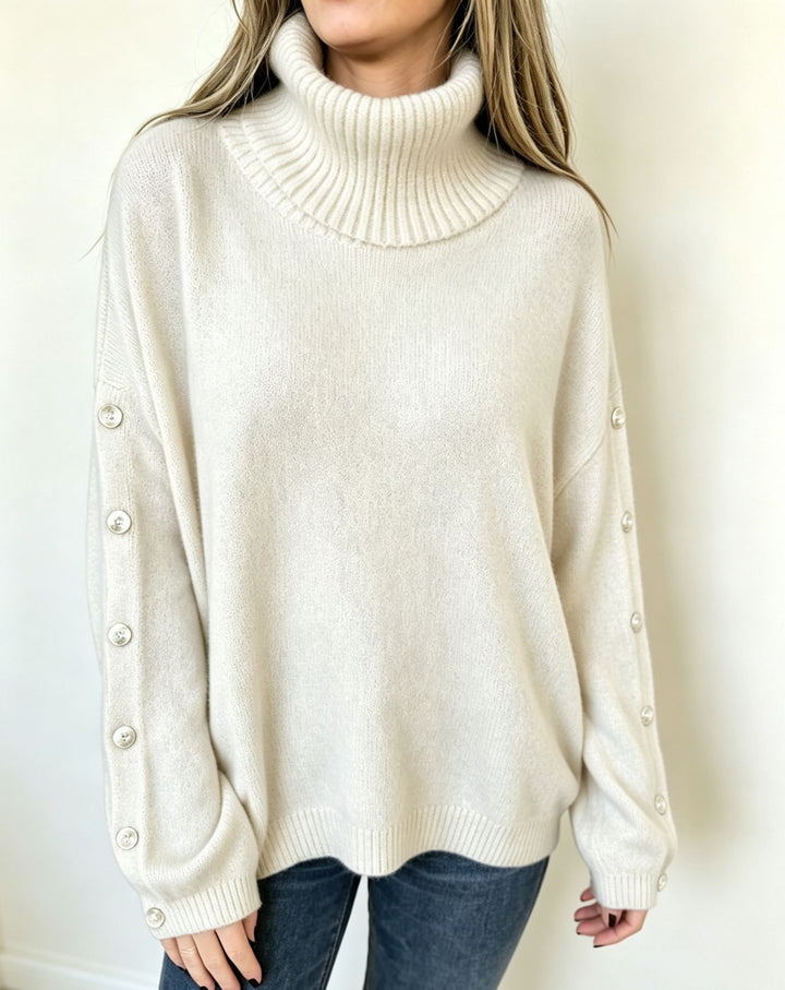 Women's Oversized Turtleneck Sweater with Sleeve Button Placket Mune Fashion
