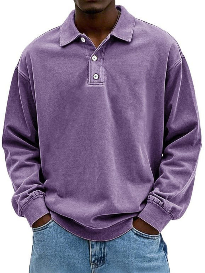 Men's Oversize Denim Look Polo Sweatshirt with Short Button Placket and Elastic Cuffs EB