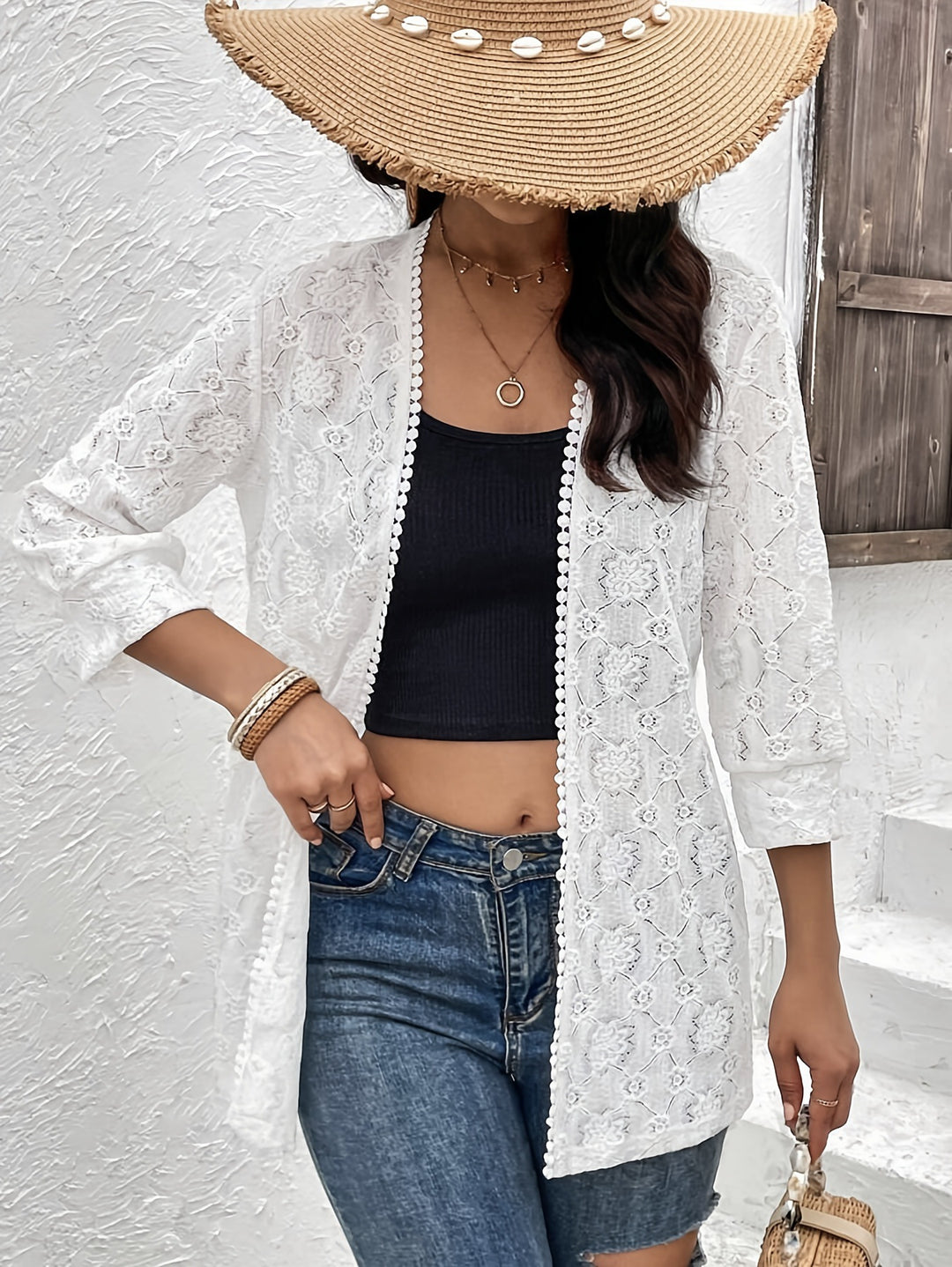 Women’s airy lace kimono beach cardigan with crocheted trim Mune Fashion