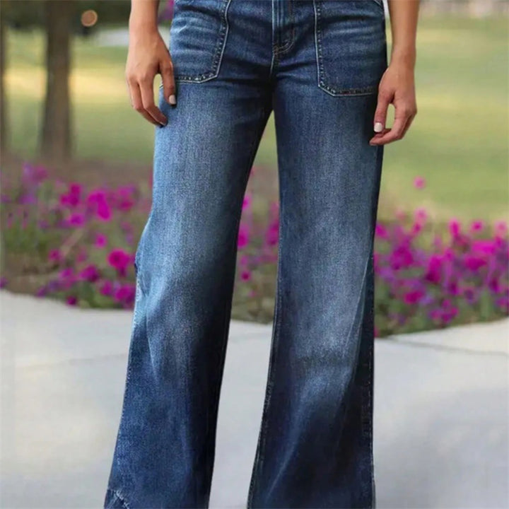 Women High-Waisted Denim Jeans with Wide Flared Legs and Patch Front Pockets Mune Fashion