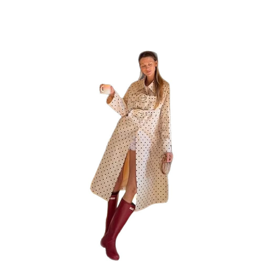 Women's Long Polka Dot Trench Coat with Oversized Lapels and Decorative Eyelets Mune Fashion