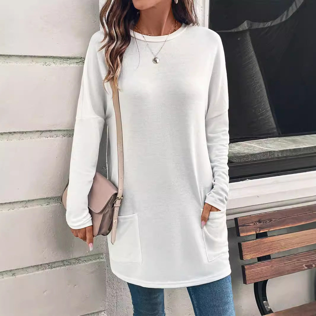 Women's loosely cut long tunic with round neckline, side pockets, and soft jersey Mune Fashion