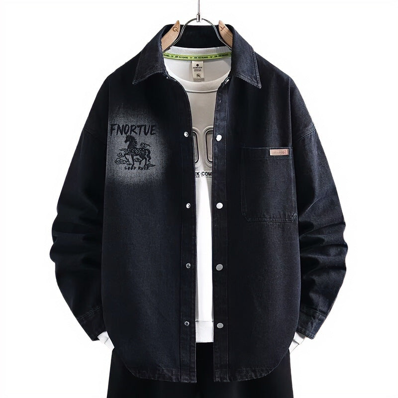 Men's loosely cut denim shirt jacket with artistic back print and overshirt cut Mune Fashion