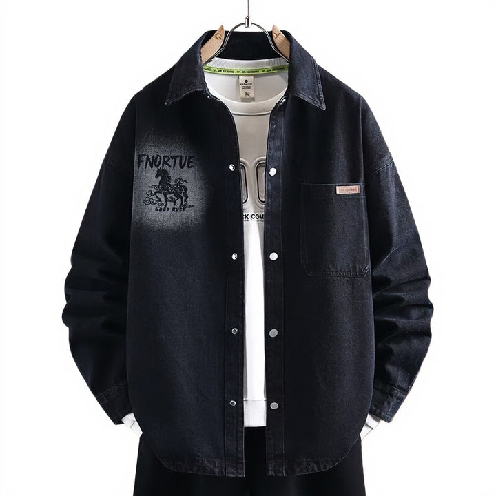 Men's loosely cut denim shirt jacket with artistic back print and overshirt cut Mune Fashion