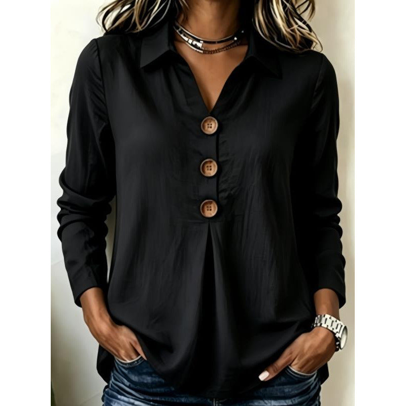 Women's long sleeve blouse with wooden button placket and front pleat Mune Fashion