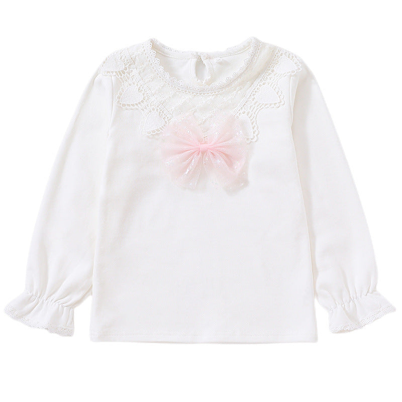 Girls long sleeve shirt with cute lace trim and bow decor Mune Fashion