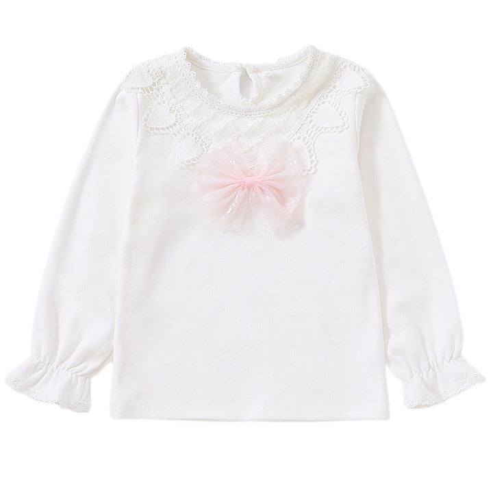 Girls long sleeve shirt with cute lace trim and bow decor Mune Fashion