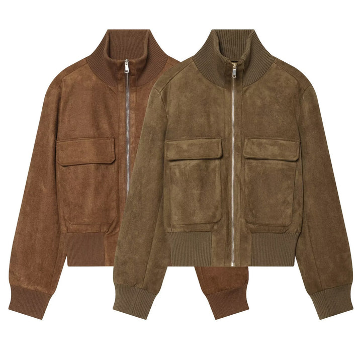 Women's suede look bomber jacket with ribbed collar and patch pockets Mune Fashion
