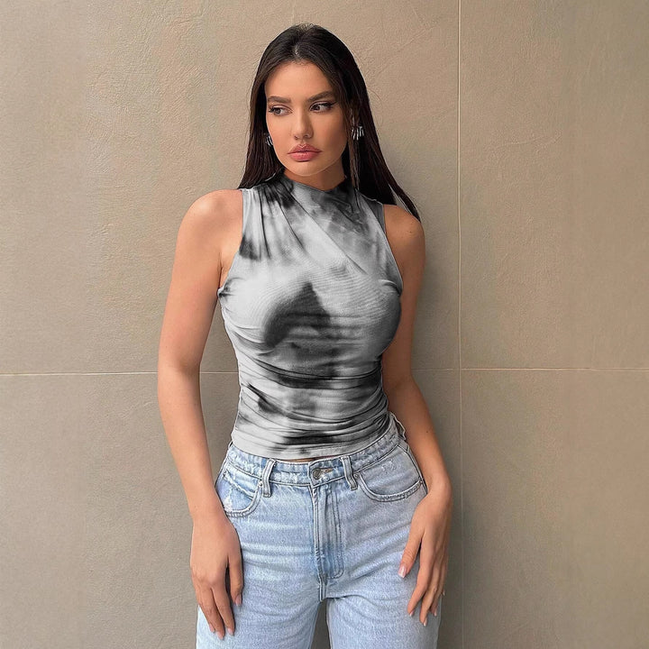 Women Tailored Sleeveless Top with Stand Collar and Tie-Dye Print Mune Fashion