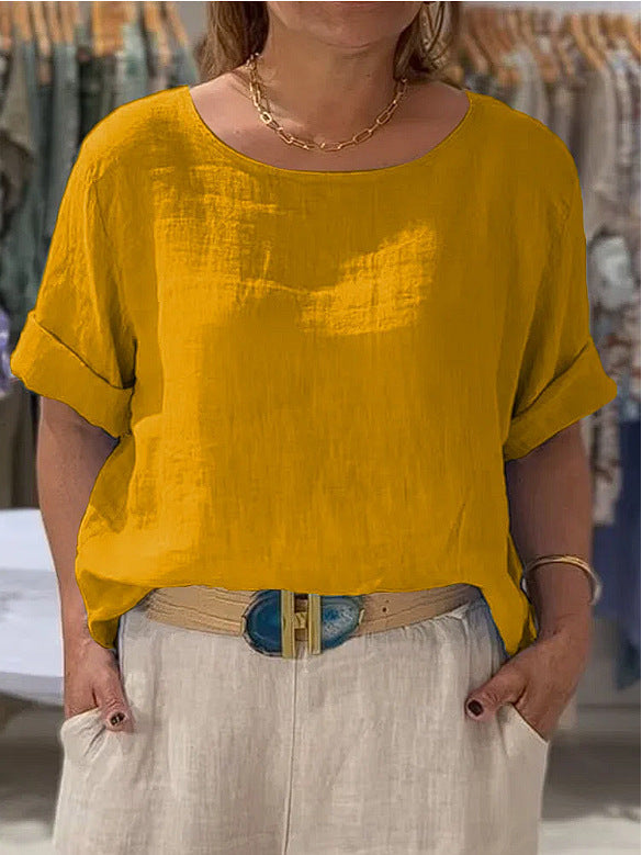 Women Lightweight Linen Blouse with Turned-up Sleeves Mune Fashion