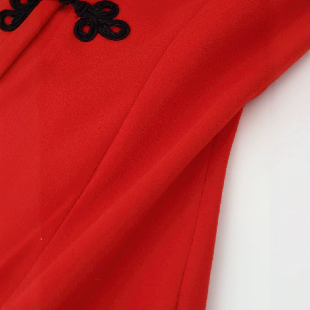 Women's Tailored Short Jacket in Mandarin Style with Keyhole Neckline and Decorative Knot Closures Mune Fashion