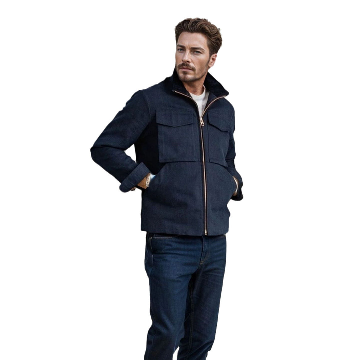 Men's Short Denim Field Jacket with Stand-Up Collar, Zipper, and Applied Chest Pockets Mune Fashion