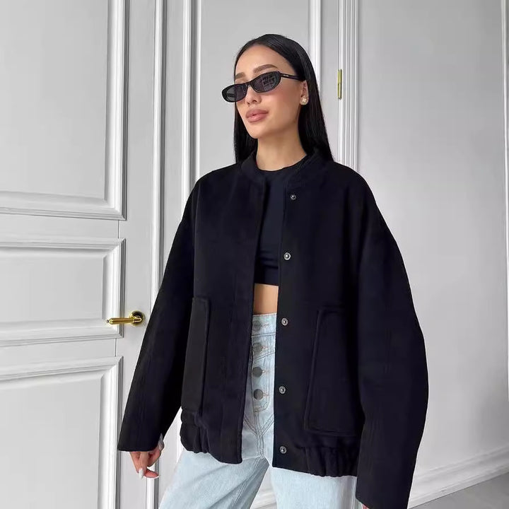 Women's short-cut boxy wool blend blouson with snap button placket and patch pockets Mune Fashion