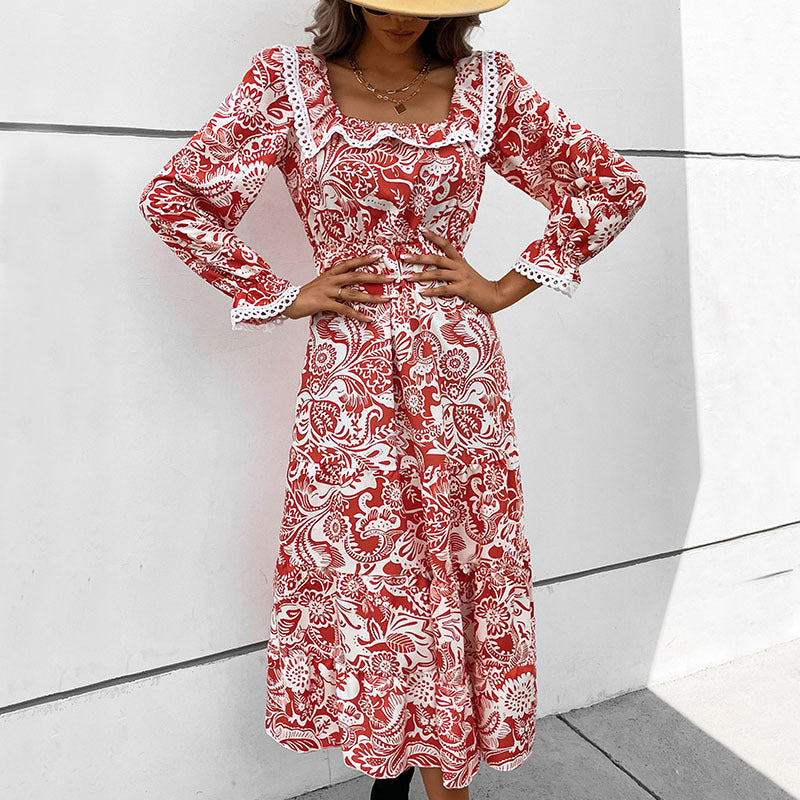 Women's Romantic Midi Dress in Boho Style with Square Neckline, Lace Trim and Waist Drawstring