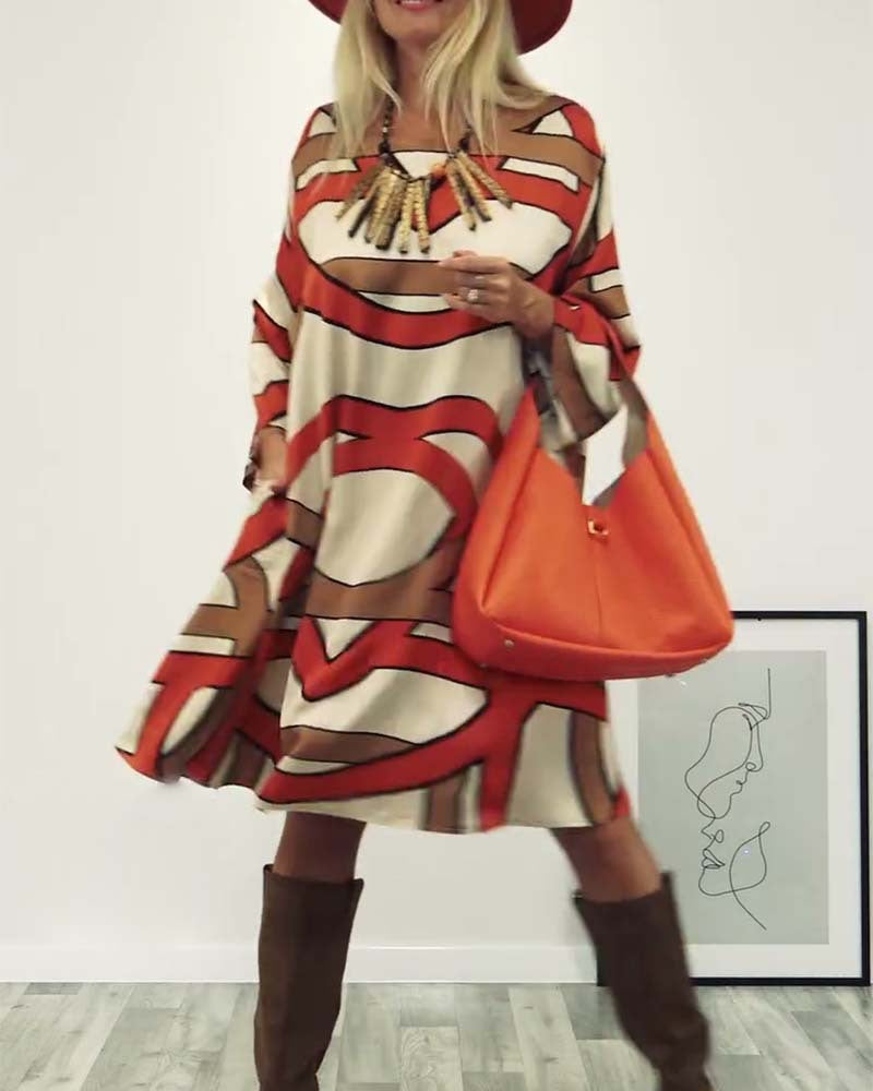 Women's generous swing dress with wide tulip hem, batwing sleeves and graphic all-over pattern Mune Fashion