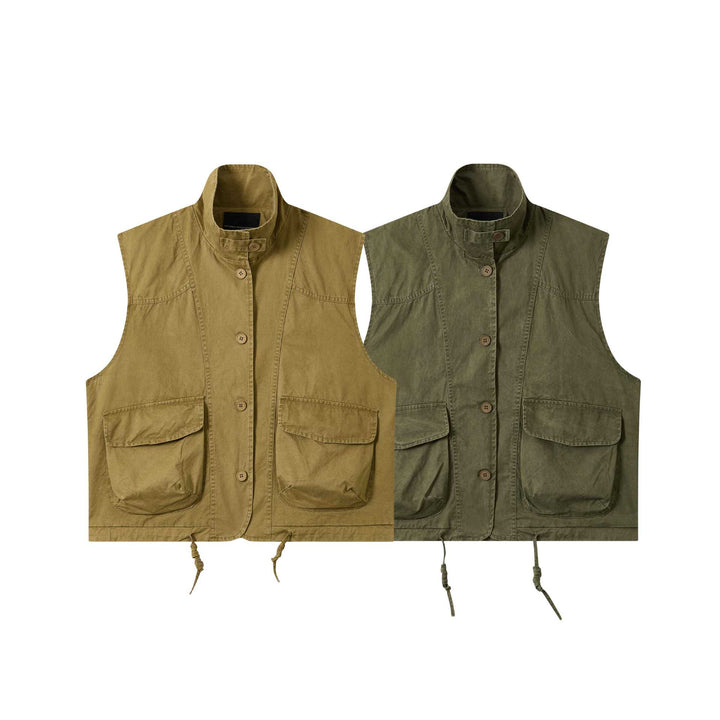 Women's utility vest with stand-up collar, large flap pockets, and drawstring Mune Fashion