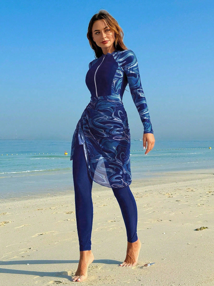 Women's Sporty Long Sleeve Swimsuit with Integrated Wrap Skirt Mune Fashion