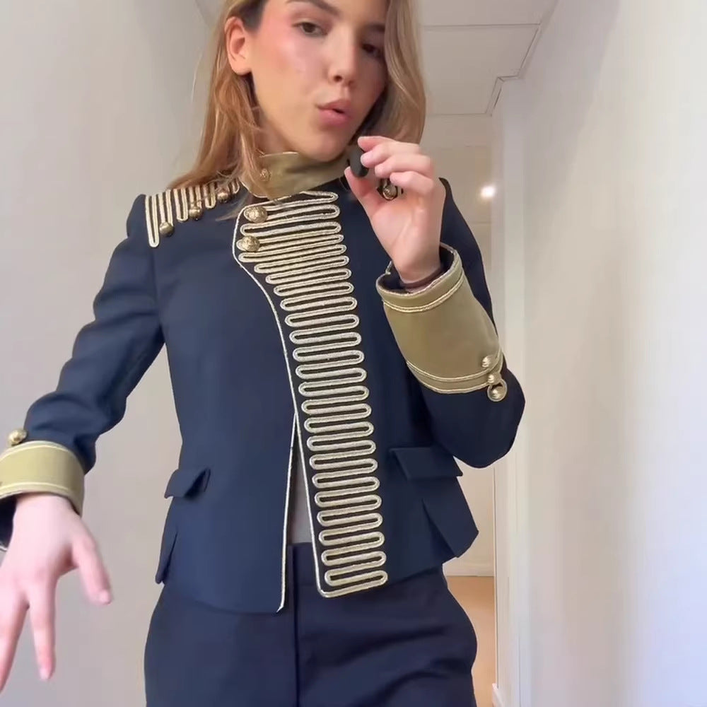 Women’s military-inspired short jacket with gold cord trim and stand-up collar Mune Fashion