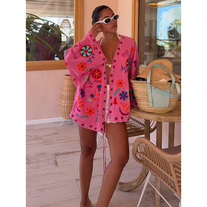 Ladies Embroidered Short Kimono with Oversized Sleeves and Colorful Boho Embroidery Mune Fashion