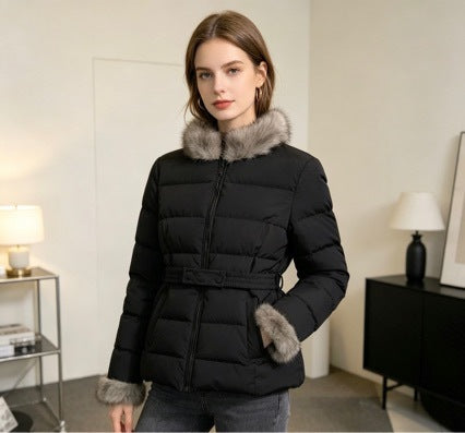 Women's short tailored winter quilted jacket with removable faux fur collar, tonal waist straps and concealed two-way zipper Mune Fashion