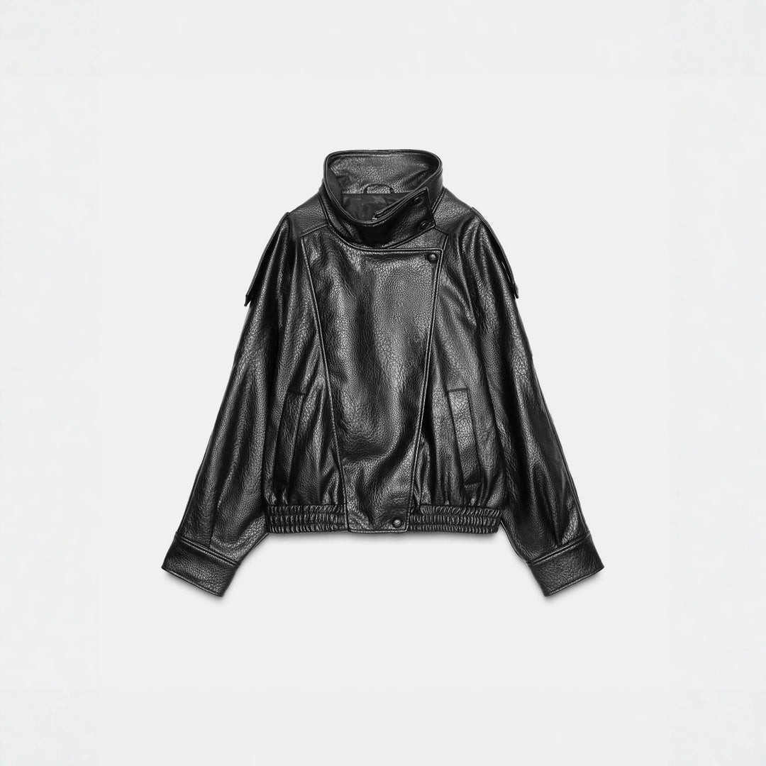 Men's short-cut leather jacket with high stand-up collar and ribbed hem Mune Fashion