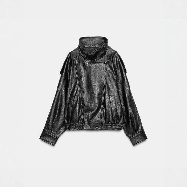 Men's short-cut leather jacket with high stand-up collar and ribbed hem Mune Fashion