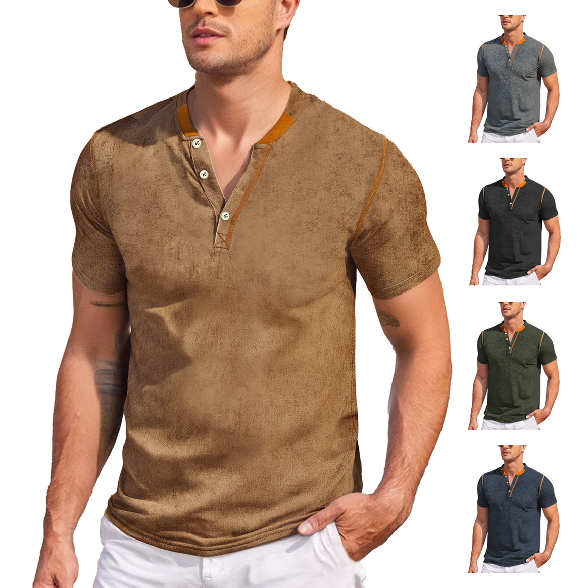 Men's casual short sleeve Grandad shirt with short button placket, contrast piping and washed soft structure Mune Fashion